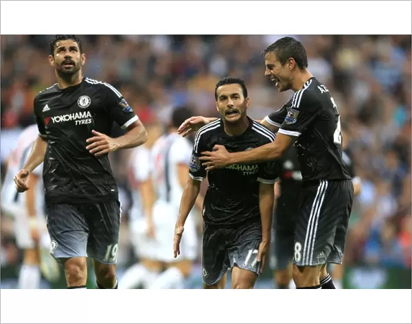 Pedro's Premier League Debut Goal: A Triumphant Celebration with Diego Costa and Cesar Azpilicueta (August 2015, West Bromwich Albion vs Chelsea)