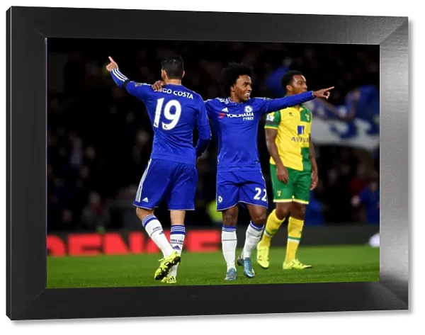 Chelsea's Diego Costa and Willian: A Dynamic Duo Celebrating a Goal Against Norwich City (November 2015)