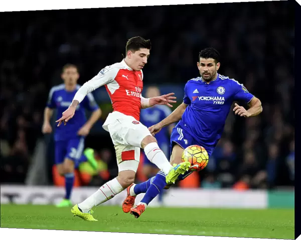 Intense Battle for the Ball: Bellerin vs. Costa - Arsenal vs. Chelsea, Premier League Rivalry at Emirates Stadium (January 2016)