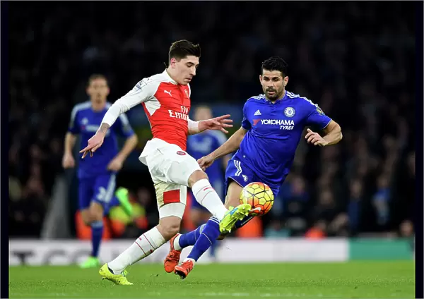 Intense Battle for the Ball: Bellerin vs. Costa - Arsenal vs. Chelsea, Premier League Rivalry at Emirates Stadium (January 2016)