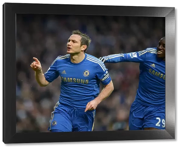 Chelsea's Frank Lampard and Demba Ba: Celebrating the Opening Goal against West Ham United in the Barclays Premier League