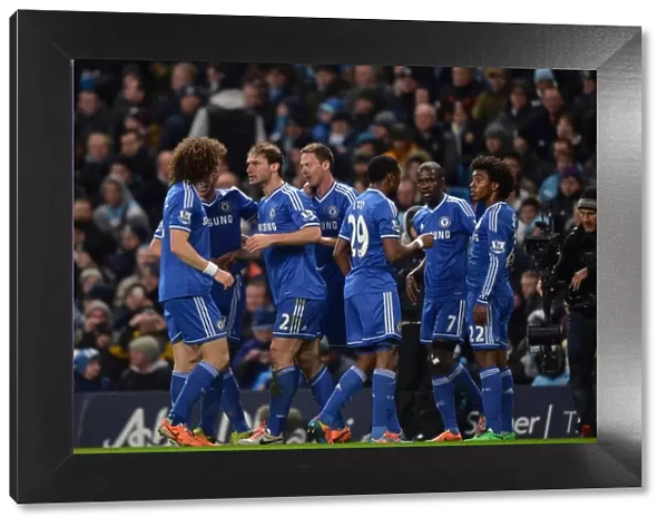 Chelsea's Unforgettable Moment: Jubilant Celebration of Ivanovic's Goal Against Manchester City (BPL, Etihad Stadium, 3rd February 2014) - Luiz, Ivanovic, Matic, Eto'o, Ramires, and Willian Rejoice