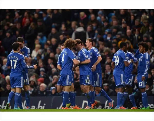 Chelsea United: Celebrating Ivanovic's Goal vs. Manchester City (3rd February 2014) - Eden Hazard, Gary Cahill, David Luiz, Branislav Ivanovic, Nemanja Matic, Samuel Eto'o, Ramires, and Willian