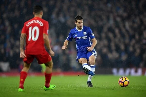 Cesar Azpilicueta in Action: Liverpool vs. Chelsea, Premier League 2017 - Pass at Anfield