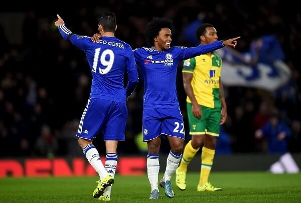 Chelsea's Diego Costa and Willian: A Dynamic Duo Celebrating a Goal Against Norwich City (November 2015)