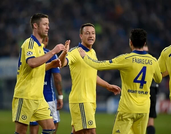 Chelsea's Triumphant Own Goal Celebration: Terry, Cahill, and Fabregas Rejoice in Schalke 04's Veltins-Arena (UEFA Champions League, Group G)