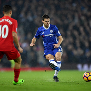 Cesar Azpilicueta in Action: Liverpool vs. Chelsea, Premier League 2017 - Pass at Anfield