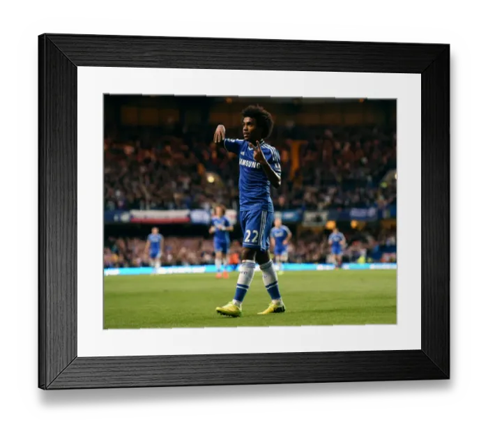 Framed Print : Willian's Double: Chelsea Star Celebrates Second Goal Against Stoke City at Stamford Bridge Framed Print : Willian's Double: Chelsea Star Celebrates Second Goal Against Stoke City at Stamford Bridge