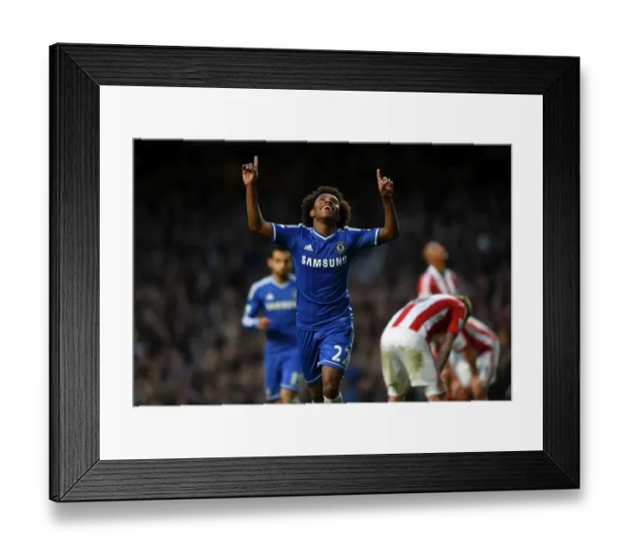Framed Print : Willian's Triple: Chelsea Star Celebrates Third Goal Against Stoke City (5th April 2014, Stamford Bridge) Framed Print : Willian's Triple: Chelsea Star Celebrates Third Goal Against Stoke City (5th April 2014, Stamford Bridge)