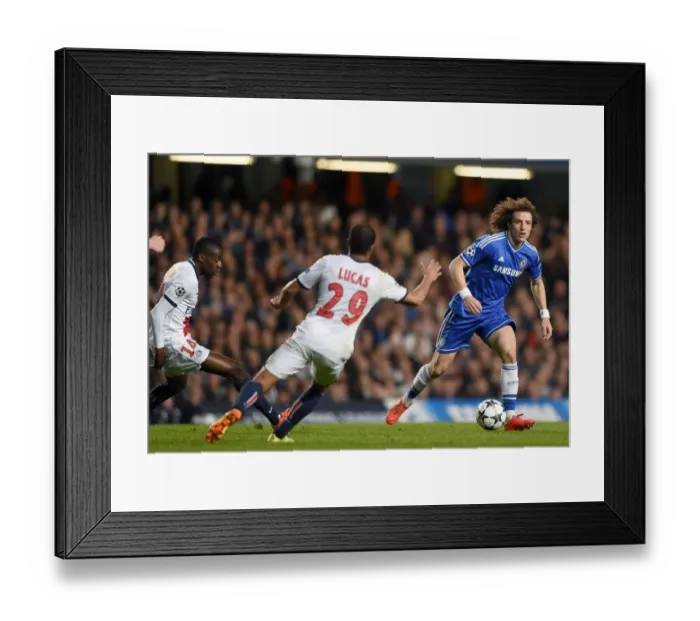 Framed Print : David Luiz Outmaneuvers Lucas Moura: Chelsea's Thrilling Moment vs. Paris Saint-Germain in the UEFA Champions League Quarterfinals (April 2014)