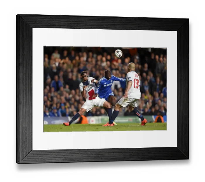 Framed Print : Demba Ba Fights for Ball Against Thiago Silva and Alex in Intense Chelsea vs. Paris Saint-Germain UEFA Champions League Clash (April 8, 2014)