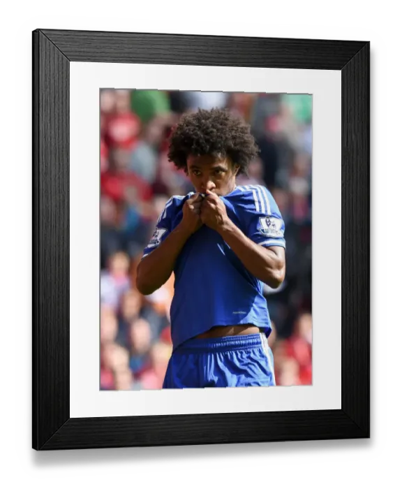 Framed Print : Willian's Brilliant Brace: Chelsea's Star Winger Celebrates Scoring the Second Goal Against Liverpool at Anfield (BPL 2014) Framed Print : Willian's Brilliant Brace: Chelsea's Star Winger Celebrates Scoring the Second Goal Against Liverpool at Anfield (BPL 2014)