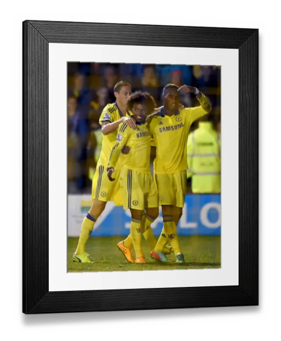 Framed Print : Chelsea Triumph: Willian, Drogba, and Christensen Celebrate Second Goal Against Shrewsbury Town Framed Print : Chelsea Triumph: Willian, Drogba, and Christensen Celebrate Second Goal Against Shrewsbury Town