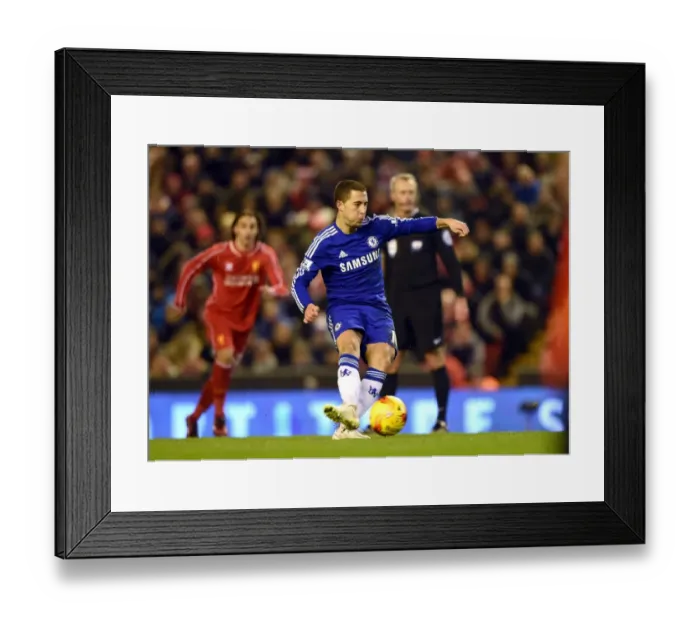 Framed Print : Eden Hazard Scores Penalty: Chelsea Takes the Lead in Tense Liverpool vs. Chelsea Capital One Cup Semi-Final (1st Leg, Anfield)