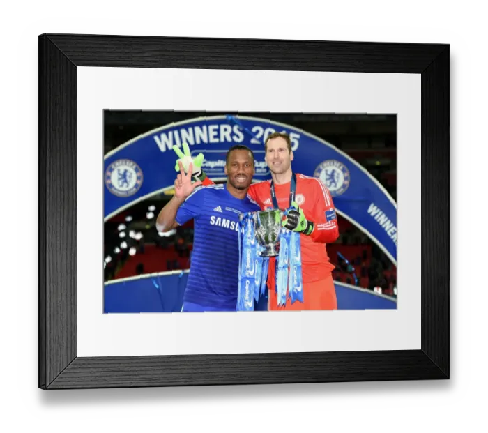 Framed Print : Chelsea's Triumph: Drogba and Cech Rejoice in Carling Cup Victory over Tottenham at Wembley (1st March 2015) Framed Print : Chelsea's Triumph: Drogba and Cech Rejoice in Carling Cup Victory over Tottenham at Wembley (1st March 2015)