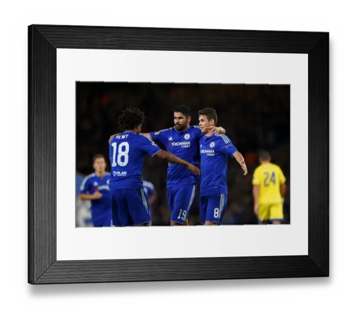Framed Print : Diego Costa's Hat-Trick: Celebrating with Remy and Oscar in Chelsea's UEFA Champions League Victory over Maccabi Tel Aviv (September 2015)