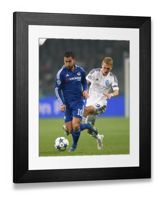 Framed Print : Battle for the Ball: Eden Hazard vs Vitaliy Buyalsky in Chelsea's UEFA Champions League Showdown against Dynamo Kiev (October 2015)