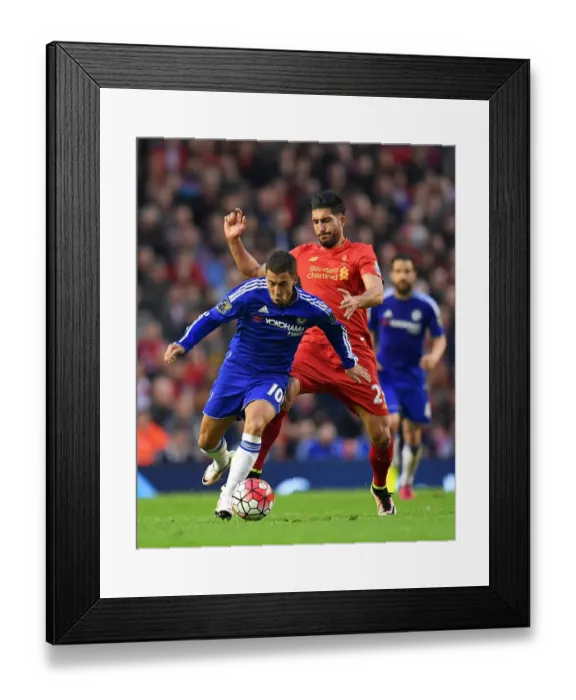 Framed Print : Battle for the Ball: Emre Can vs. Eden Hazard - A Riveting Clash in the Premier League 2015-16: Liverpool vs. Chelsea