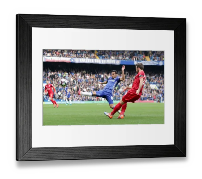 Framed Print : Pedro vs Fuchs: Intense Battle for Ball Possession in Chelsea vs Leicester City Premier League Clash at Stamford Bridge
