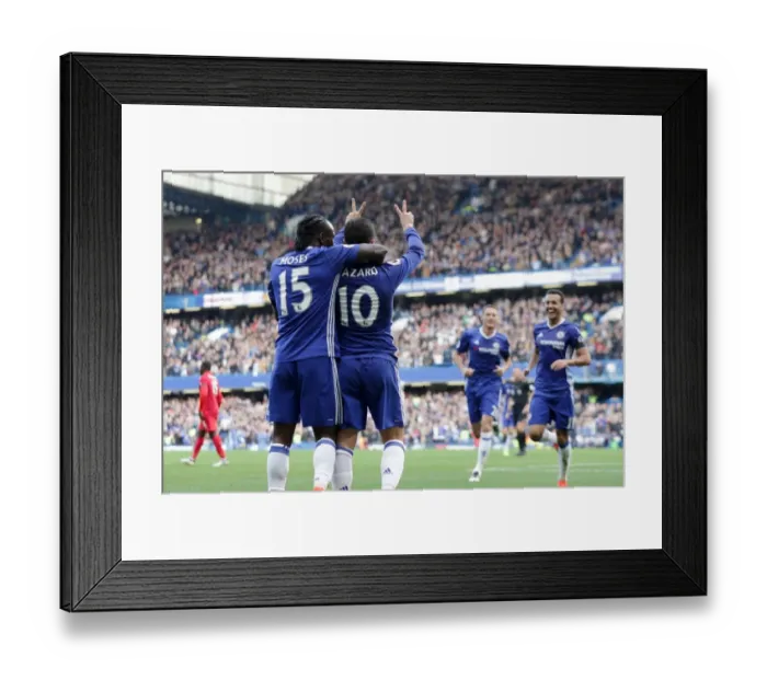 Framed Print : Eden Hazard Scores Chelsea's Second Goal vs Leicester City: A Triumphant Celebration with Teamsmates at Stamford Bridge