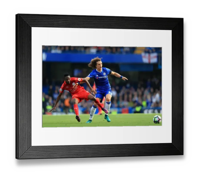 Framed Print : Intense Premier League Rivalry: David Luiz vs. Ahmed Musa - Battle for Ball Possession at Stamford Bridge