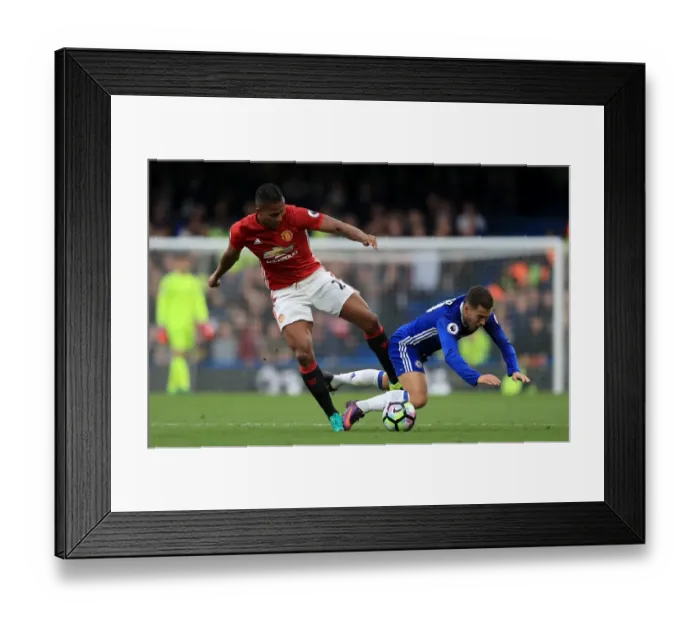 Framed Print : Battle for the Ball: Hazard vs. Valencia - Chelsea vs. Manchester United, Premier League Framed Print : Battle for the Ball: Hazard vs. Valencia - Chelsea vs. Manchester United, Premier League