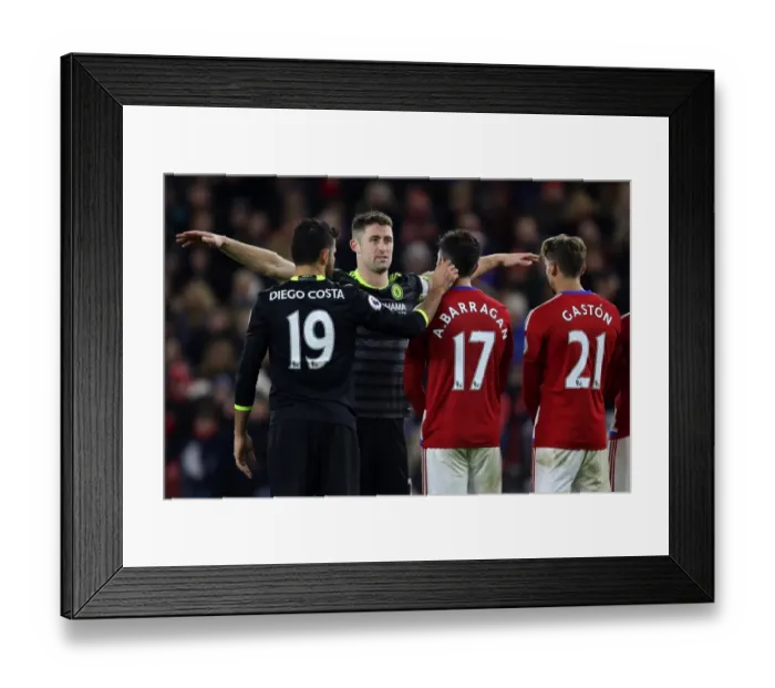 Framed Print : Chelsea's Costa and Cahill Tactics: Disrupting Middlesbrough's Wall in the Premier League Showdown at Riverside Stadium Framed Print : Chelsea's Costa and Cahill Tactics: Disrupting Middlesbrough's Wall in the Premier League Showdown at Riverside Stadium