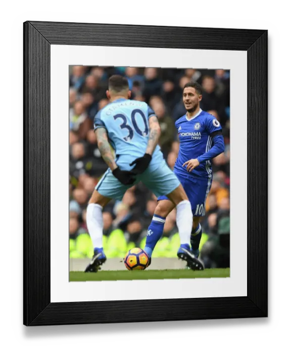 Framed Print : Clash at the Etihad: Hazard and Luiz Go Head-to-Head in Premier League Battle Framed Print : Clash at the Etihad: Hazard and Luiz Go Head-to-Head in Premier League Battle