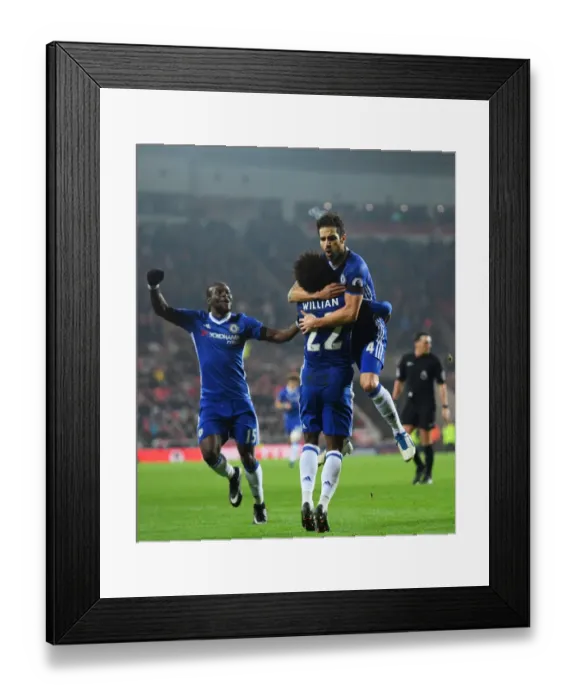 Framed Print : Chelsea Triumph: Fabregas, Willian, and Moses Celebrate First Goal Against Sunderland Framed Print : Chelsea Triumph: Fabregas, Willian, and Moses Celebrate First Goal Against Sunderland