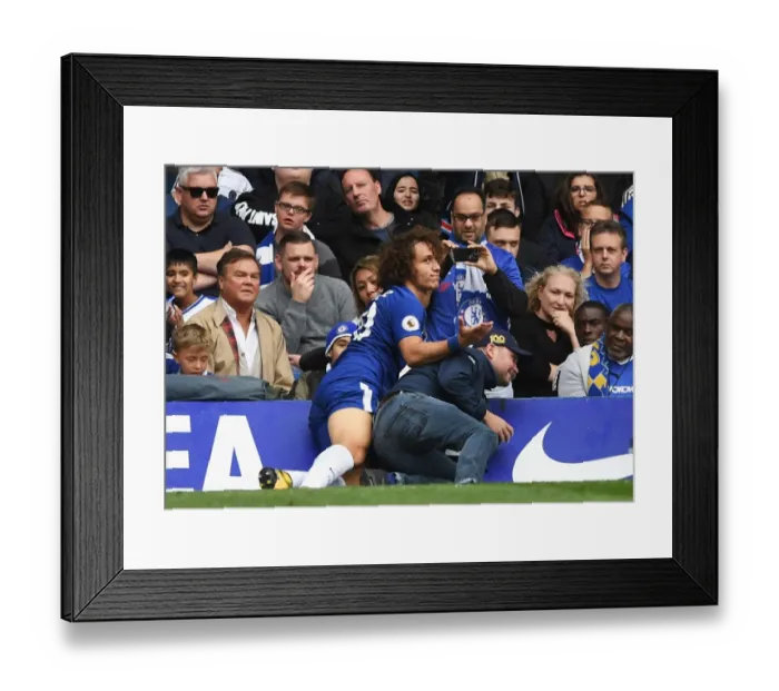 Framed Print : David Luiz's Unusual Opponent: Fan Collision at Stamford Bridge During Chelsea vs Arsenal Match Framed Print : David Luiz's Unusual Opponent: Fan Collision at Stamford Bridge During Chelsea vs Arsenal Match