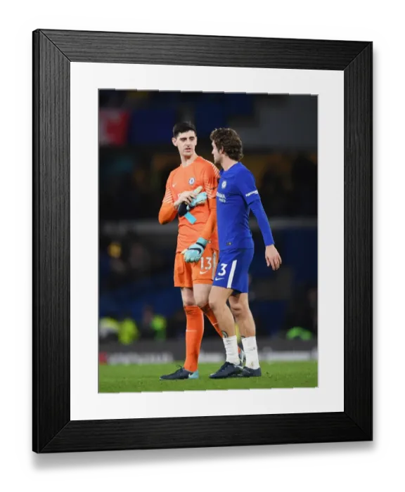 Framed Print : Chelsea's Courtois and Alonso in Deep Conversation during Chelsea vs. Brighton Match