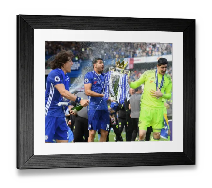 Framed Print : Chelsea FC: Premier League Champions - Triumphant Moment with David Luiz, Diego Costa, and Thibaut Courtois and the Trophy Framed Print : Chelsea FC: Premier League Champions - Triumphant Moment with David Luiz, Diego Costa, and Thibaut Courtois and the Trophy