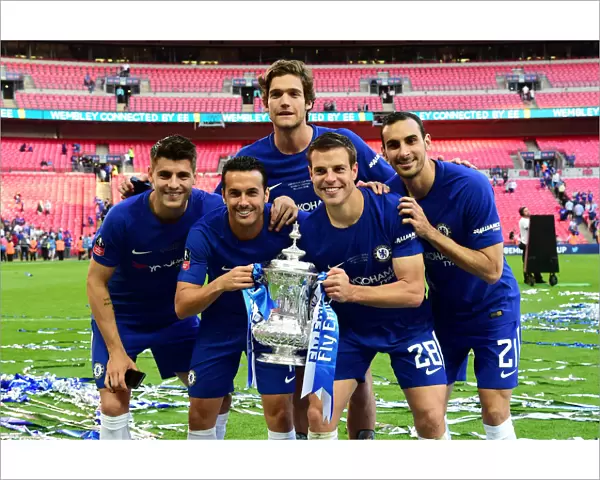 Chelsea FC Lifts the FA Cup: Alvaro Morata, Pedro, Marcos Alonso, Cesar Azpilicueta, and Davide Zappacosta Celebrate Victory over Manchester United