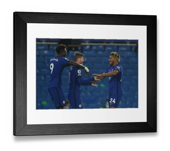 Framed Print : Chelsea's Werner, Abraham, and James Celebrate Fourth Goal Against Sheffield United (07.11.20) Framed Print : Chelsea's Werner, Abraham, and James Celebrate Fourth Goal Against Sheffield United (07.11.20)