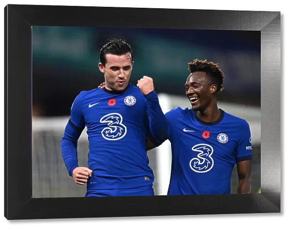 Chelsea's Chilwell and Abraham Celebrate Second Goal Against Sheffield United (Premier League, November 2020)