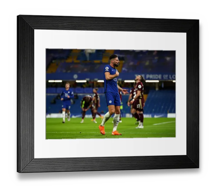 Framed Print : Chelsea's Olivier Giroud Celebrates First Goal as Limited Fans Return to Stamford Bridge for Chelsea v Leeds United Premier League Match