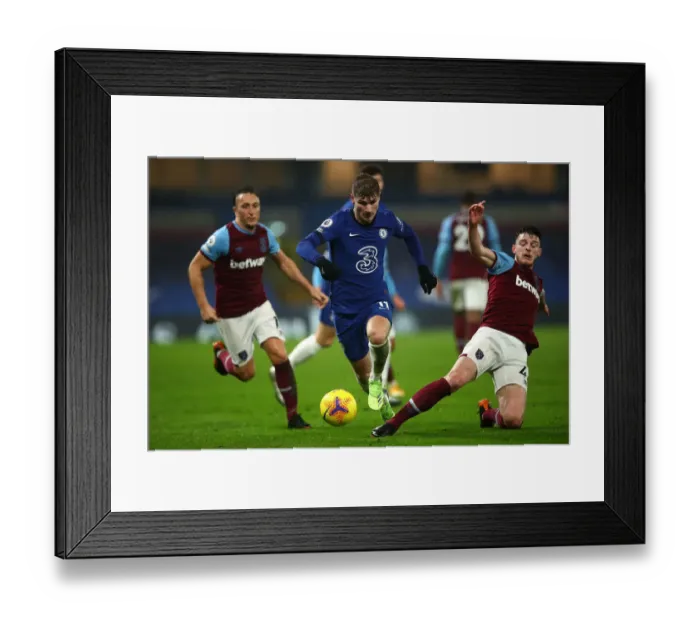 Framed Print : Timo Werner Escapes Declan Rice: Intense Moment from Chelsea vs. West Ham United (December 2020)