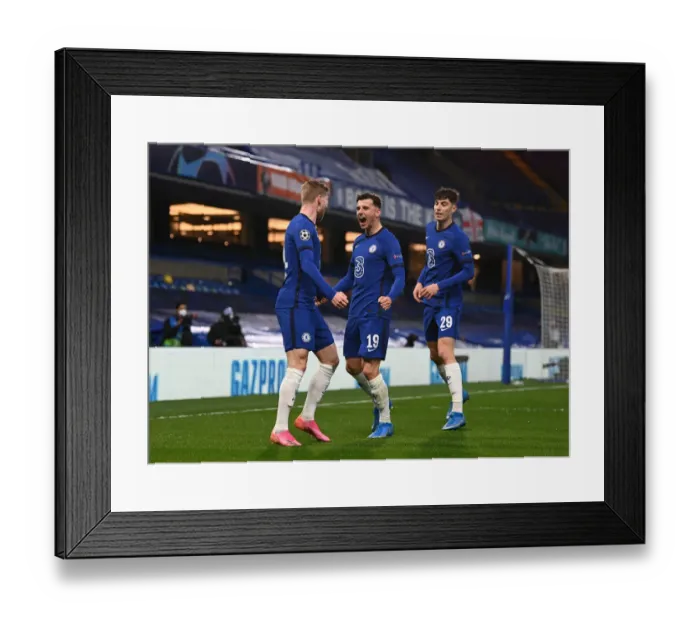 Framed Print : Chelsea Triumph: Timo Werner, Mason Mount, and Kai Havertz Celebrate Semi-Final Victory over Real Madrid in Empty Stamford Bridge Framed Print : Chelsea Triumph: Timo Werner, Mason Mount, and Kai Havertz Celebrate Semi-Final Victory over Real Madrid in Empty Stamford Bridge