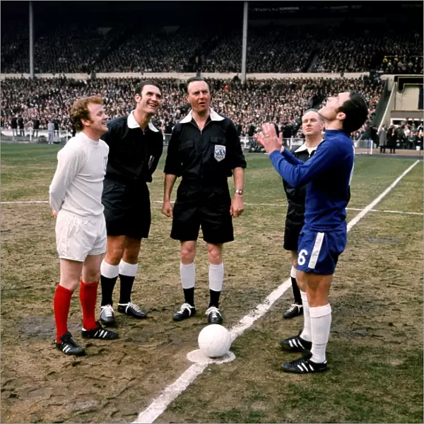 FA Cup Final: Chelsea vs. Leeds United - Captains Await Coin Toss: Bremner (Leeds), Harris (Chelsea), Jennings (Referee)