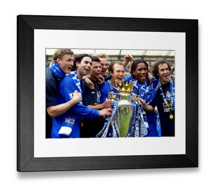 Framed Print : Chelsea Footballers: 2004-2005 Premier League Champions - Huth, Tiago, Kezman, Robben, Drogba, Carvalho Celebrate Victory with the FA Barclays Premiership Trophy Framed Print : Chelsea Footballers: 2004-2005 Premier League Champions - Huth, Tiago, Kezman, Robben, Drogba, Carvalho Celebrate Victory with the FA Barclays Premiership Trophy