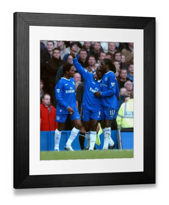 Framed Print : Jimmy Floyd Hasselbaink's First Goal: Celebration with Melchiot and Babayaro Framed Print : Jimmy Floyd Hasselbaink's First Goal: Celebration with Melchiot and Babayaro