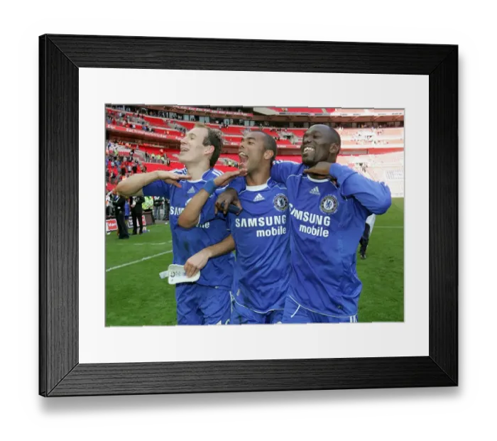 Framed Print : Chelsea's Triumphant Moment: Robben, Cole, and Makelele's Playful Banter at the FA Cup Final (vs. Manchester United, May 2007)