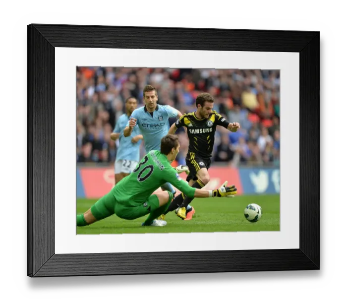 Framed Print : Juan Mata vs Costel Pantilimon: Dramatic Dive at the FA Cup Semi-Final between Chelsea and Manchester City (April 14, 2013)