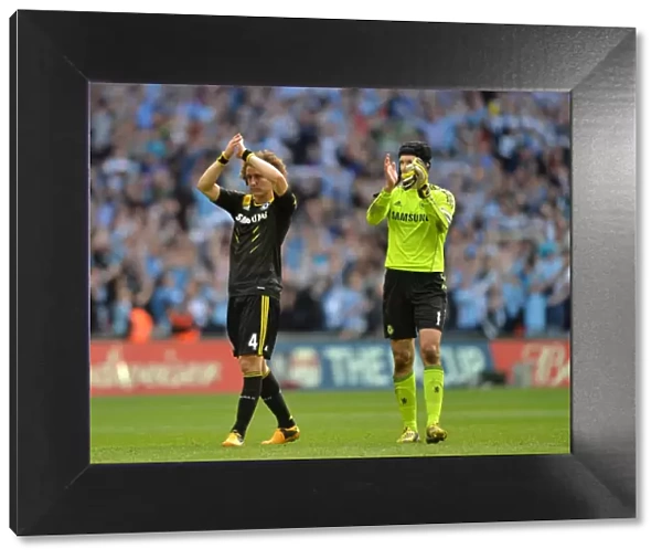 Chelsea's David Luiz and Petr Cech Celebrate FA Cup Semi-Final Triumph over Manchester City at Wembley Stadium (April 2013)