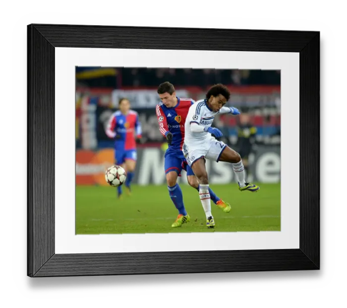 Framed Print : Battle for the Ball: Willian vs. Schar in UEFA Champions League Clash between Chelsea and FC Basel Framed Print : Battle for the Ball: Willian vs. Schar in UEFA Champions League Clash between Chelsea and FC Basel