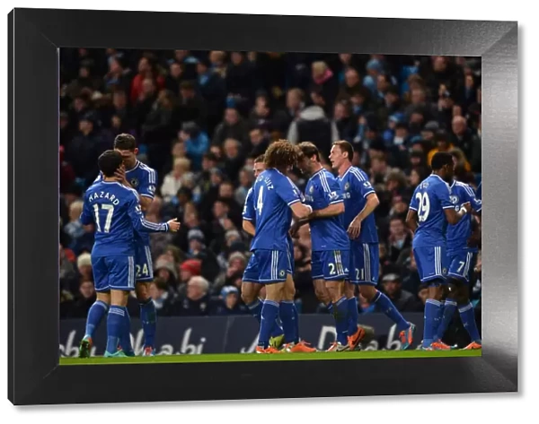 Chelsea United: Celebrating Ivanovic's Goal vs. Manchester City (3rd February 2014) - Eden Hazard, Gary Cahill, David Luiz, Branislav Ivanovic, Nemanja Matic, Samuel Eto'o, Ramires, and Willian
