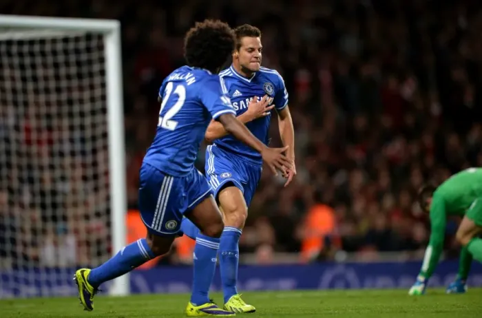 Framed Print : Azpilicueta and Willian: Celebrating Chelsea's First Goal in Arsenal Rivalry at Emirates Stadium (2013)