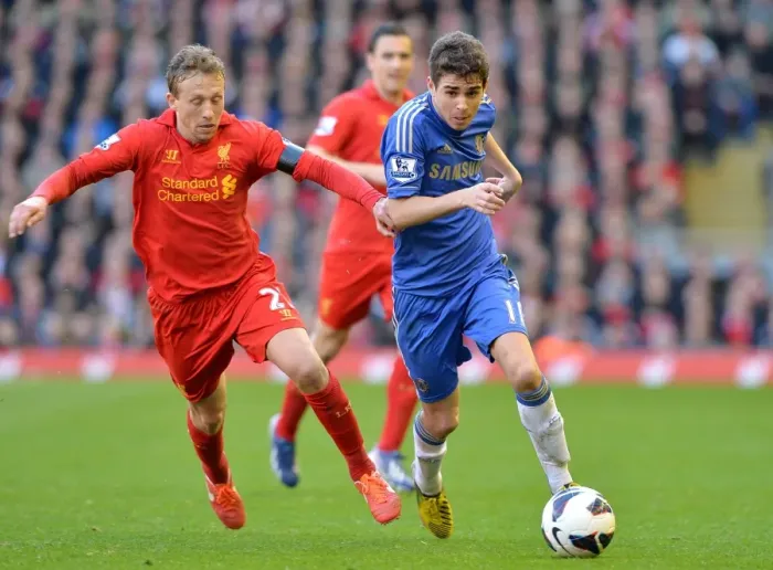 Framed Print : Battle at Anfield: Oscar Evades Leiva in Intense Chelsea-Liverpool Clash