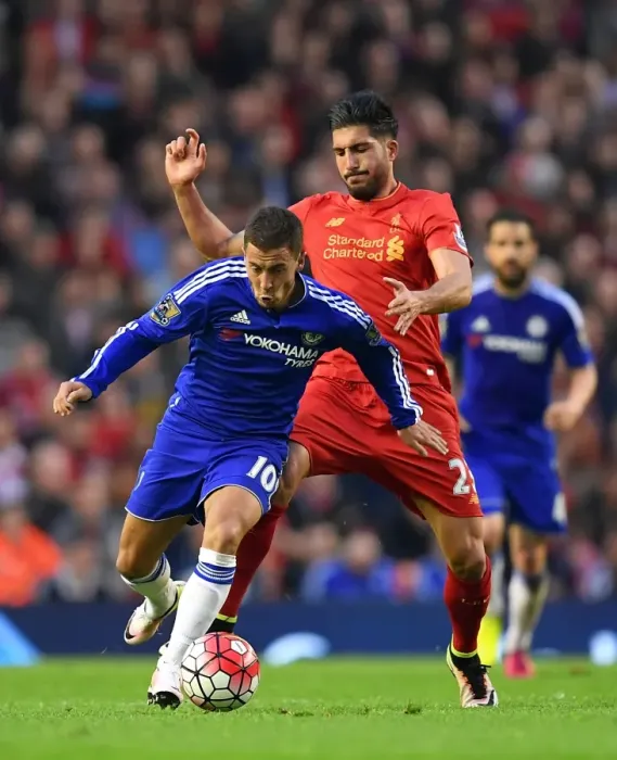 Framed Print : Battle for the Ball: Emre Can vs. Eden Hazard - A Riveting Clash in the Premier League 2015-16: Liverpool vs. Chelsea