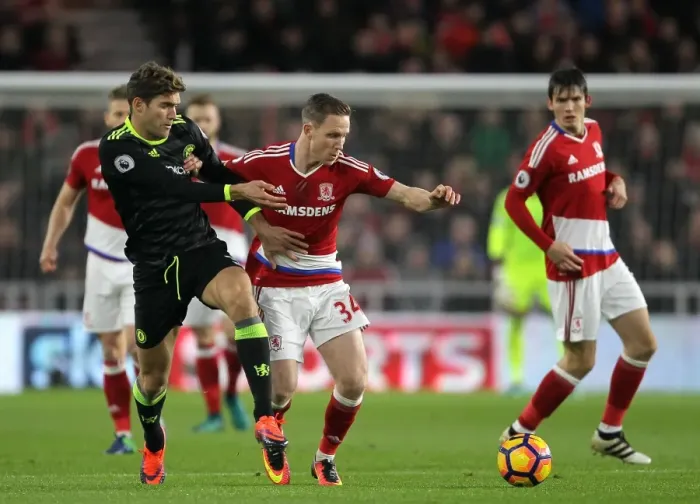 Framed Print : Battle for the Ball: Forshaw vs. Alonso - Middlesbrough vs. Chelsea, Premier League Framed Print : Battle for the Ball: Forshaw vs. Alonso - Middlesbrough vs. Chelsea, Premier League